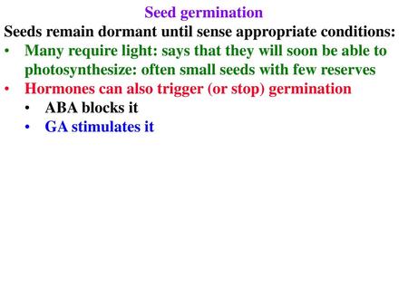 Seed germination Seeds remain dormant until sense appropriate conditions: Many require light: says that they will soon be able to photosynthesize: often.