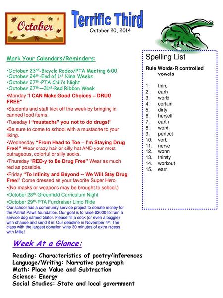 Terrific Third Spelling List Week At a Glance: