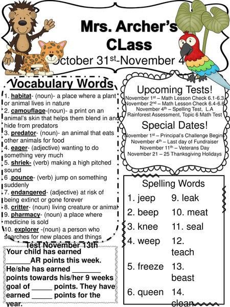 Mrs. Archer’s CLass October 31st-November 4th Vocabulary Words