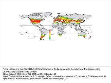 Fig. 1. Global risk of establishment of codling moth using MaxEnt model. From: Assessing the Global Risk of Establishment of Cydia pomonella (Lepidoptera: