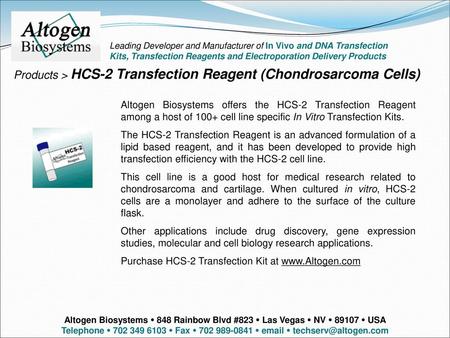 Products > HCS-2 Transfection Reagent (Chondrosarcoma Cells)