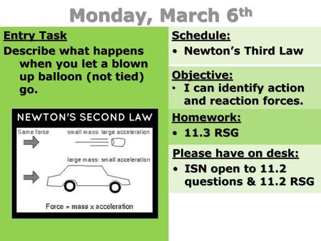 Monday, March 6th Entry Task Describe what happens when you let a blown up balloon (not tied) go. Schedule: Newton’s Third Law Objective: I can identify.