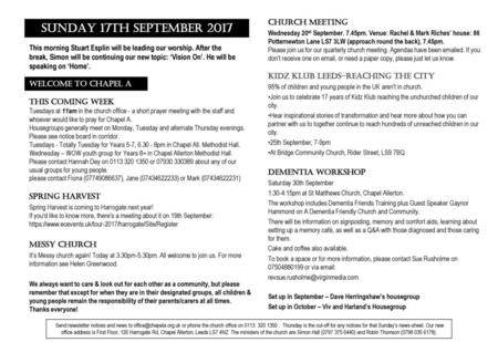 SUNDAY 17th September 2017 Church Meeting