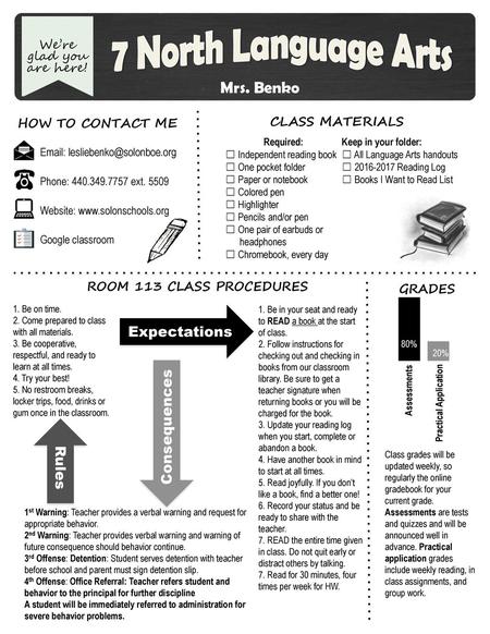 7 North Language Arts Mrs. Benko Expectations Consequences Rules