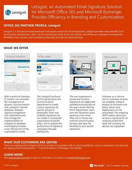 Letsignit, an Automated Email Signature Solution for Microsoft Office 365 and Microsoft Exchange, Provides Efficiency in Branding and Customization OFFICE.