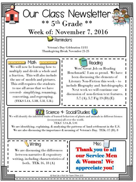 ** 5th Grade ** Week of: November 7, 2016