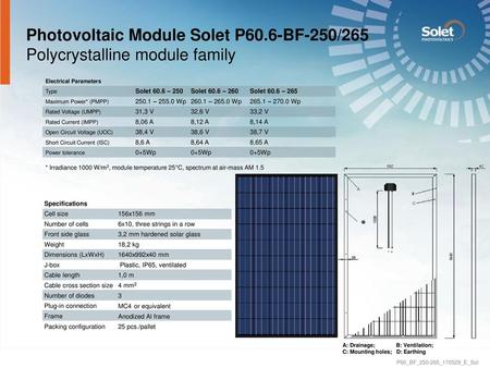 Photovoltaic Module Solet P60.6-BF-250/265