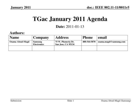 TGac January 2011 Agenda Date: Authors: January 2011