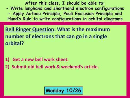 After this class, I should be able to: - Write longhand and shorthand electron configurations - Apply Aufbau Principle, Pauli Exclusion Principle and Hund’s.