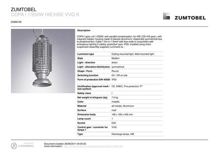 ZUMTOBEL COPA I 1/250W HIE/HSE VVG K Description