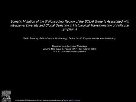 Somatic Mutation of the 5′ Noncoding Region of the BCL-6 Gene Is Associated with Intraclonal Diversity and Clonal Selection in Histological Transformation.