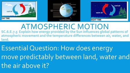 Atmospheric MOTION SC.6.E.7.5 Explain how energy provided by the Sun influences global patterns of atmospheric movement and the temperature differences.