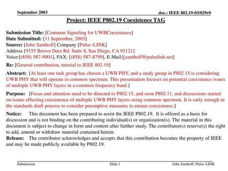 Project: IEEE P Coexistence TAG