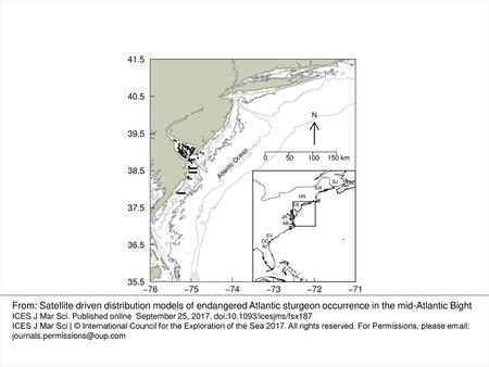 Figure 1. Study Area in the mid-Atlantic Ocean, off the coast of the United States. Receiver locations shown by black dots, 25 m contour (maximum depth.