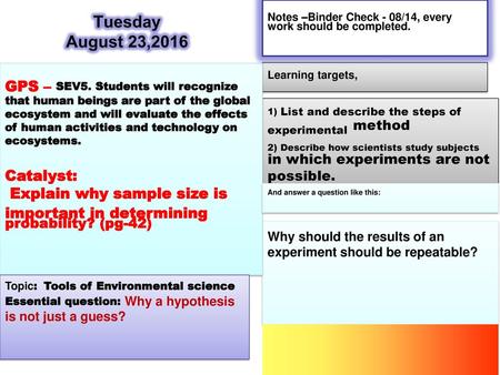 Tuesday August 23,2016 Notes –Binder Check - 08/14, every work should be completed. GPS – SEV5. Students will recognize that human beings are part of the.