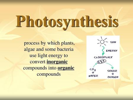 Photosynthesis process by which plants, algae and some bacteria use light energy to convert inorganic compounds into organic compounds.