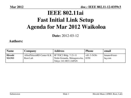 IEEE ai Fast Initial Link Setup Agenda for Mar 2012 Waikoloa