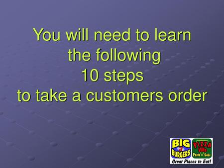 Order Taking Process Greet the Customer within 3 seconds.