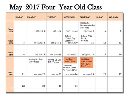 May 2017 Four Year Old Class S&T: red 2 S&T: yellow 3 S&T: blue 4 5 6