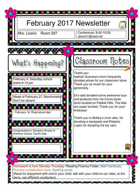 February 2017 Newsletter Mrs. Licerio Room 207 Conference: 9:40-10:20