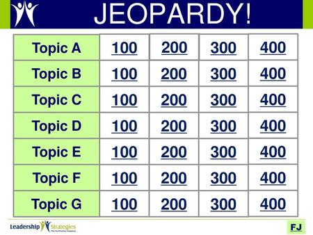 JEOPARDY! Topic A 100 200 300 400 Topic B 100 200 300 400 Topic C 100