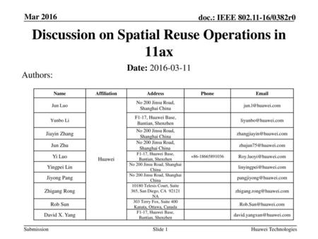 Discussion on Spatial Reuse Operations in 11ax