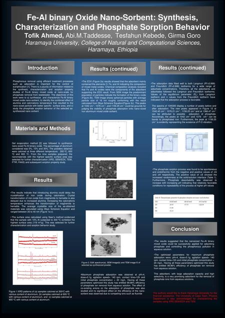 Fe-Al binary Oxide Nano-Sorbent: Synthesis, Characterization and Phosphate Sorption Behavior Tofik Ahmed, Abi.M.Taddesse, Tesfahun Kebede, Girma Goro.