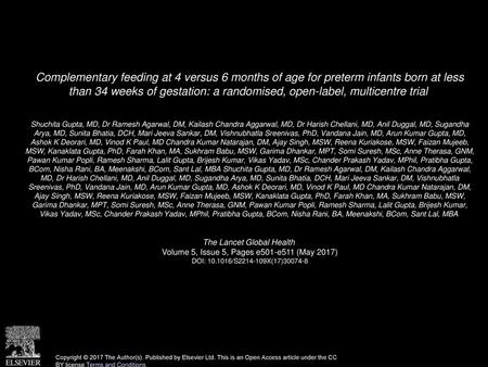 Complementary feeding at 4 versus 6 months of age for preterm infants born at less than 34 weeks of gestation: a randomised, open-label, multicentre trial 