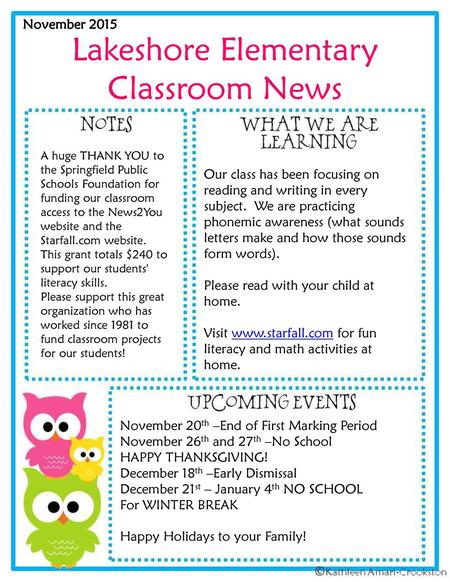 Lakeshore Elementary Classroom News November 2015