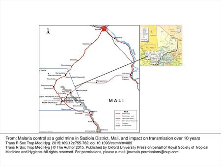 Figure 1. SEMOS mine spray zone (box) within the Sadiola District, Kayes administrative region, Mali. This figure is available in black and white in print.