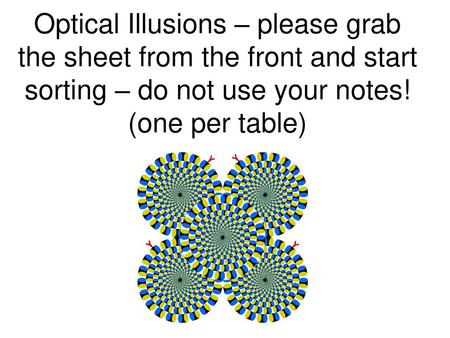 Optical Illusions – please grab the sheet from the front and start sorting – do not use your notes! (one per table)