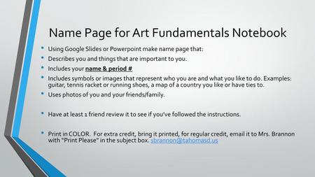 Name Page for Art Fundamentals Notebook