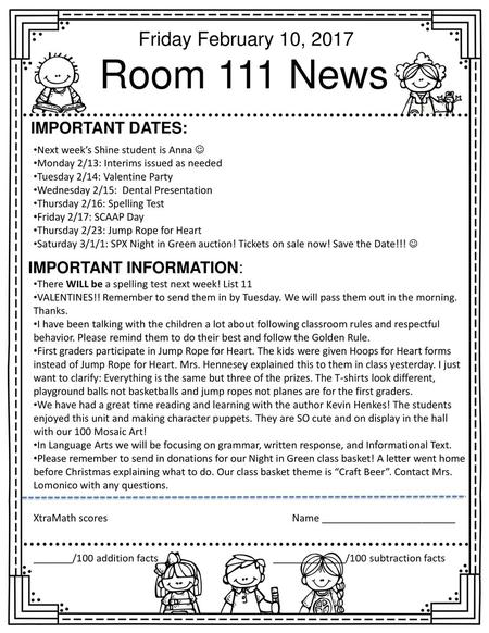 Room 111 News Friday February 10, 2017 Important dates: