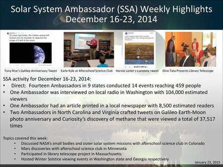 Solar System Ambassador (SSA) Weekly Highlights December 16-23, 2014