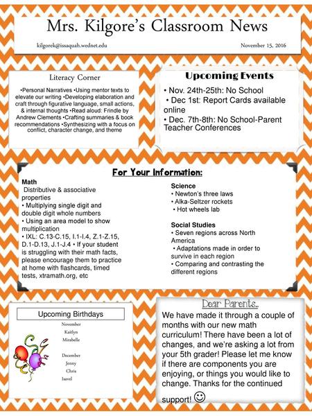 Mrs. Kilgore’s Classroom News