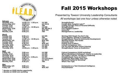 Fall 2015 Workshops Presented by Towson University Leadership Consultants All workshops last one hour unless otherwise noted.   February Thursday,