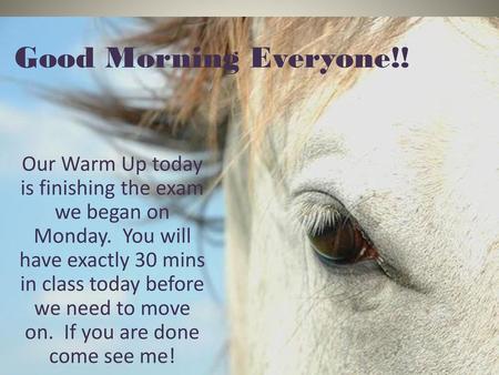 Good Morning Everyone!! Our Warm Up today is finishing the exam we began on Monday. You will have exactly 30 mins in class today before we need to move.