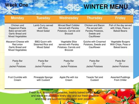 WINTER MENU Week One Monday Tuesday Wednesday Thursday Friday