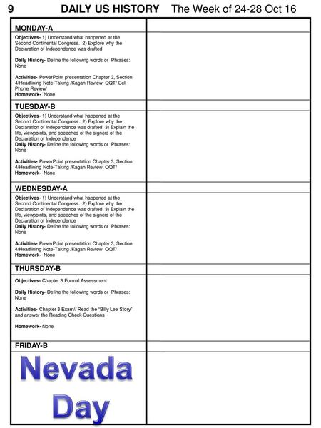 Nevada Day 9 DAILY US HISTORY The Week of Oct 16 MONDAY-A