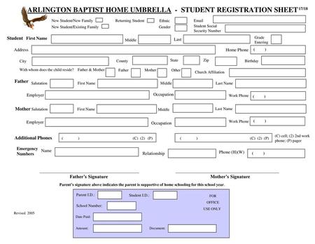 ARLINGTON BAPTIST HOME UMBRELLA - STUDENT REGISTRATION SHEET