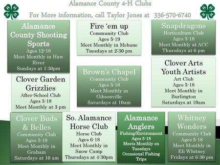 Alamance County 4-H Clubs For More information, call Taylor Jones at