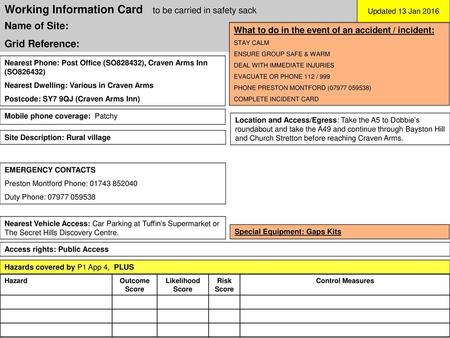 Working Information Card to be carried in safety sack