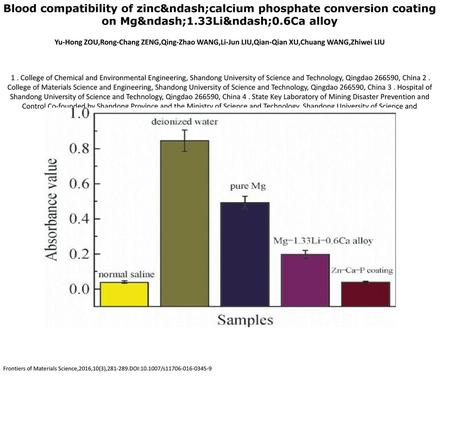 Blood compatibility of zinc–calcium phosphate conversion coating on Mg–1.33Li–0.6Ca alloy Yu-Hong ZOU,Rong-Chang ZENG,Qing-Zhao WANG,Li-Jun LIU,Qian-Qian.