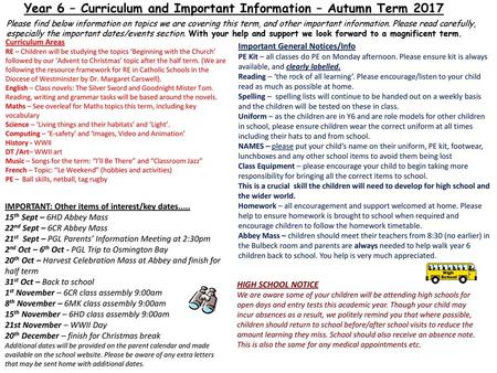 Year 6 – Curriculum and Important Information – Autumn Term 2017