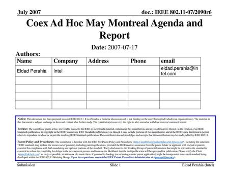 Coex Ad Hoc May Montreal Agenda and Report