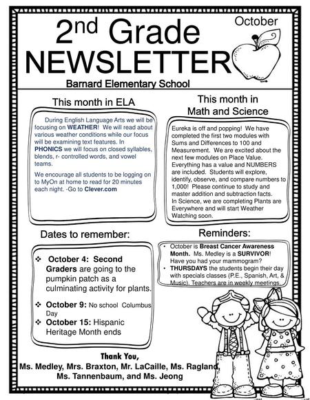 2nd Grade NEWSLETTER October Barnard Elementary School This month in