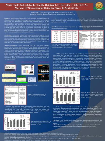 Nitric Oxide And Soluble Lectin-like Oxidized LDL Receptor - 1 (sLOX-1) As Markers Of Neurovascular Oxidative Stress In Acute Stroke Srikwan K., Muengtaweepongsa.