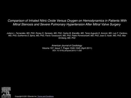 Comparison of Inhaled Nitric Oxide Versus Oxygen on Hemodynamics in Patients With Mitral Stenosis and Severe Pulmonary Hypertension After Mitral Valve.