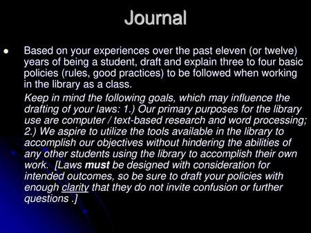 Journal Based on your experiences over the past eleven (or twelve) years of being a student, draft and explain three to four basic policies (rules, good.