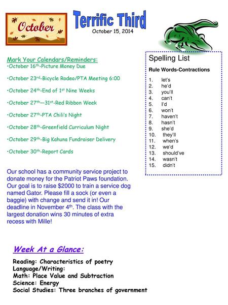 Terrific Third Spelling List Week At a Glance: